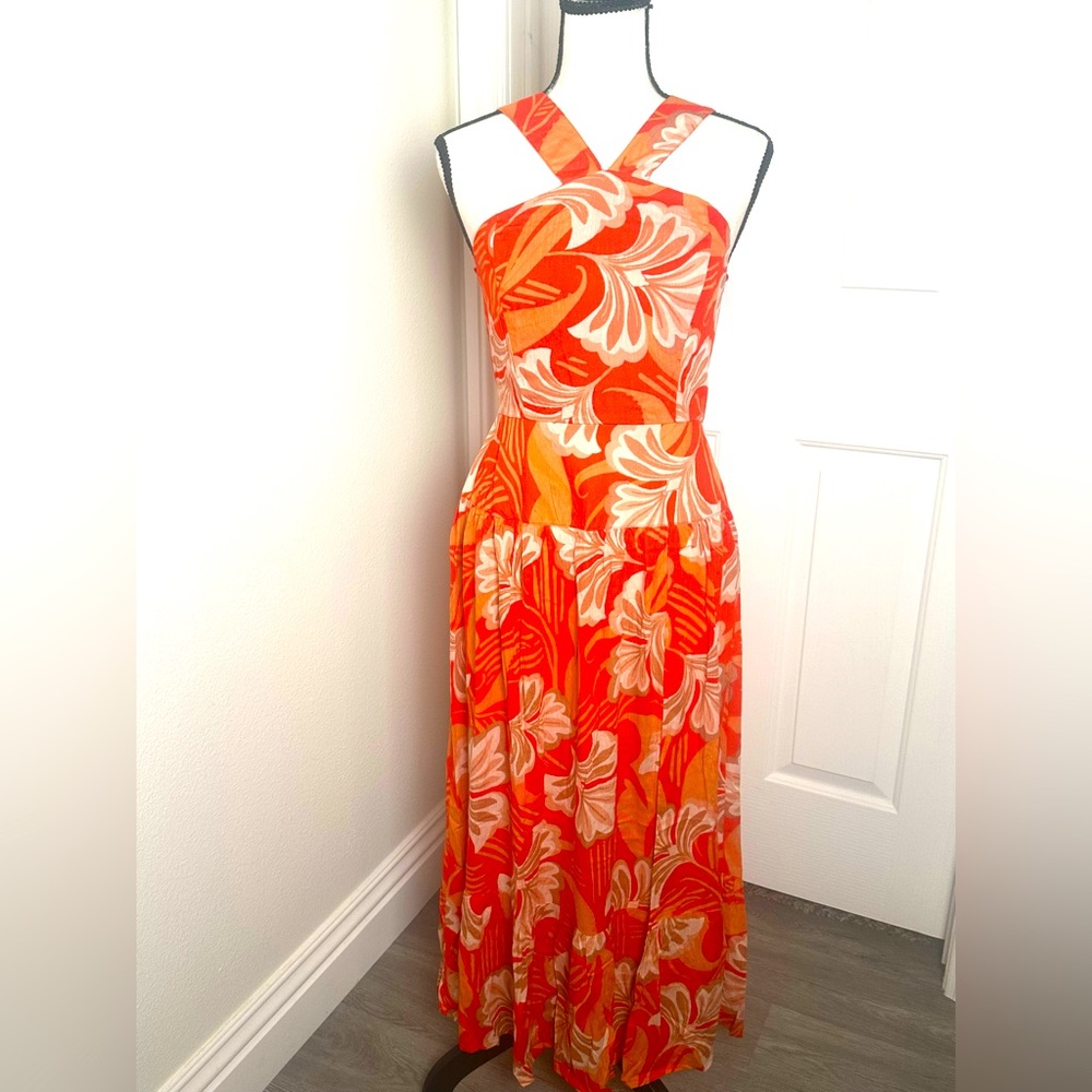 BAND OF THE FREE Spring Floral MIDI Dress Orange Tan‎  Rumi Bohemian  NWT